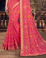 Vishal Prints Amaranth Pink Bandhani Print Chiffon Saree With Zari Border