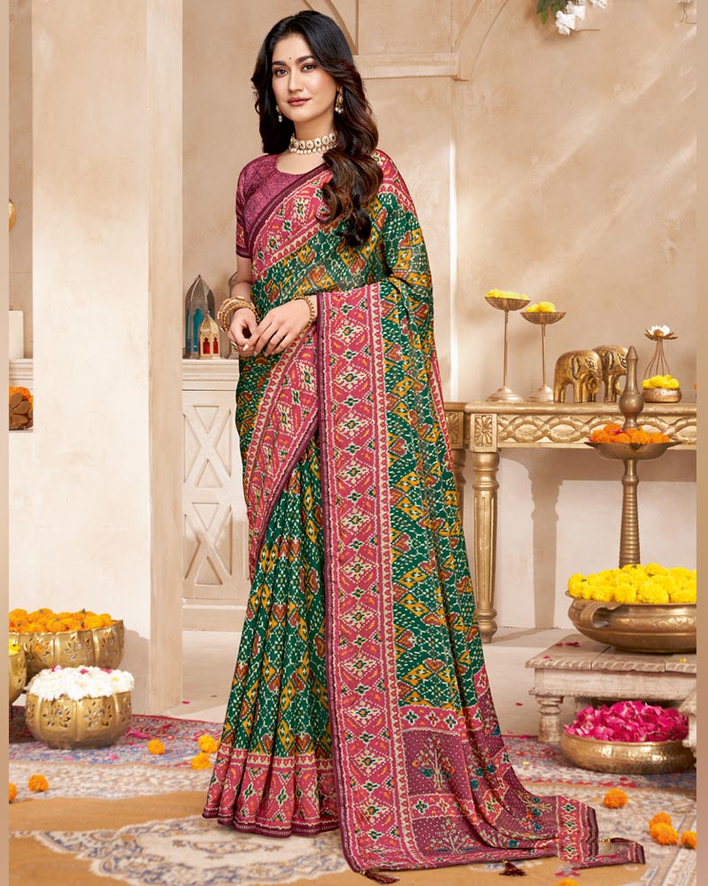 Vishal Prints Dark Green And Deep Rose Pink Fancy Satin Traditional Patola Print Saree With Diamond Work-Core Piping And Tassel