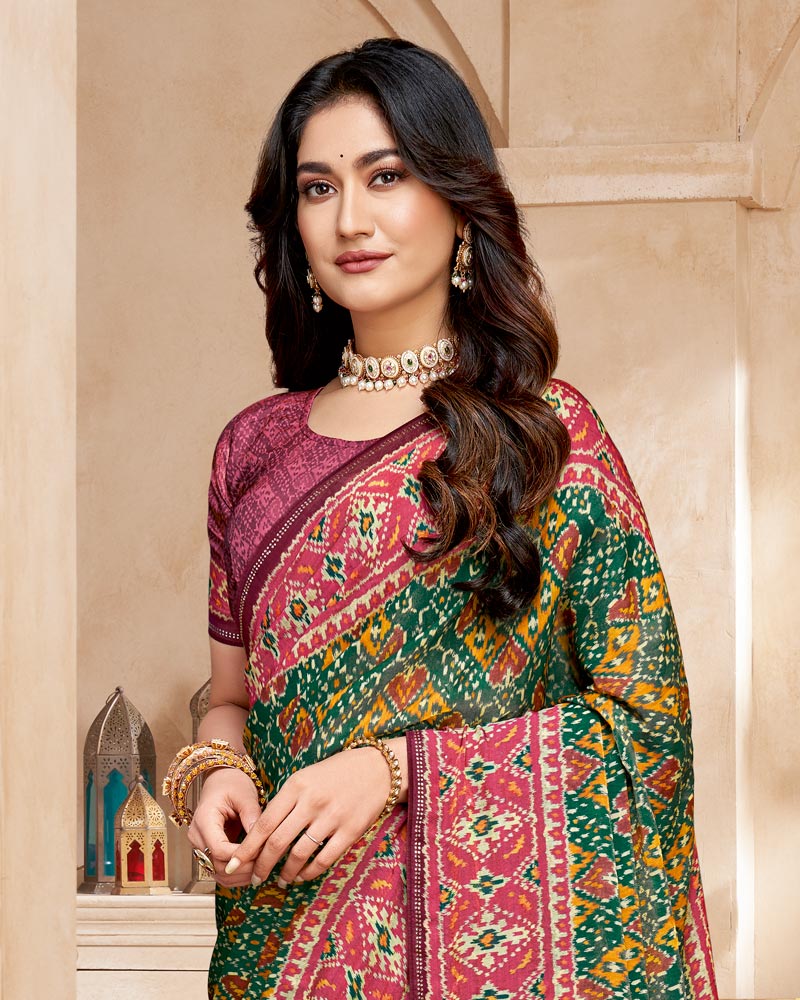 Vishal Prints Dark Green And Deep Rose Pink Fancy Satin Traditional Patola Print Saree With Diamond Work-Core Piping And Tassel
