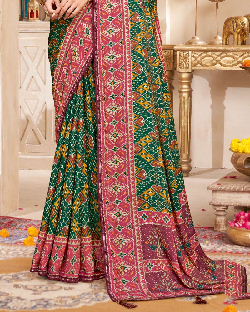 Vishal Prints Dark Green And Deep Rose Pink Fancy Satin Traditional Patola Print Saree With Diamond Work-Core Piping And Tassel
