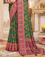 Vishal Prints Dark Green And Deep Rose Pink Fancy Satin Traditional Patola Print Saree With Diamond Work-Core Piping And Tassel