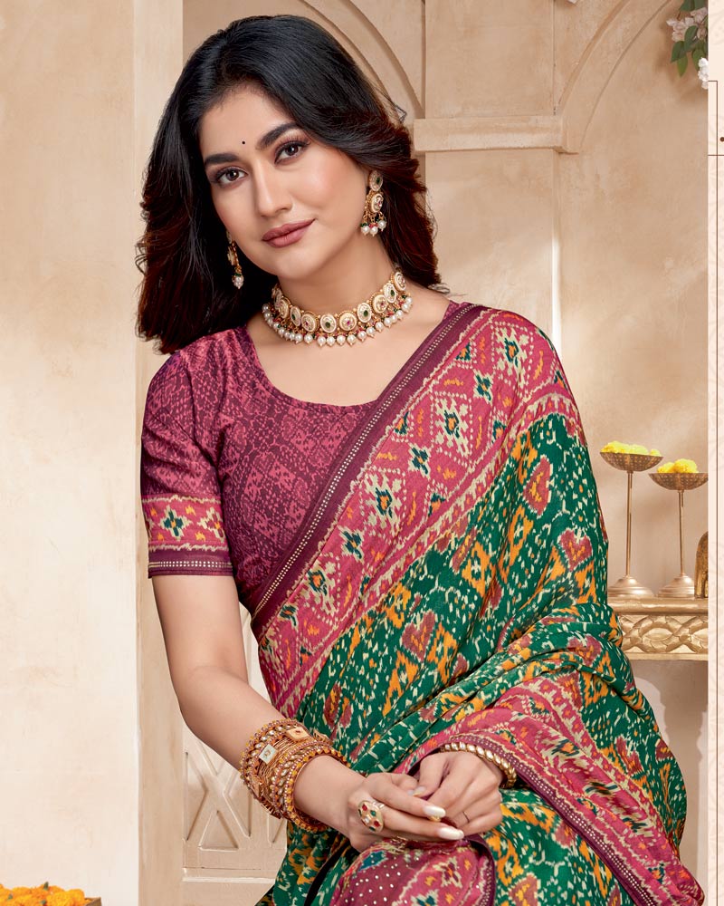 Vishal Prints Dark Green And Deep Rose Pink Fancy Satin Traditional Patola Print Saree With Diamond Work-Core Piping And Tassel