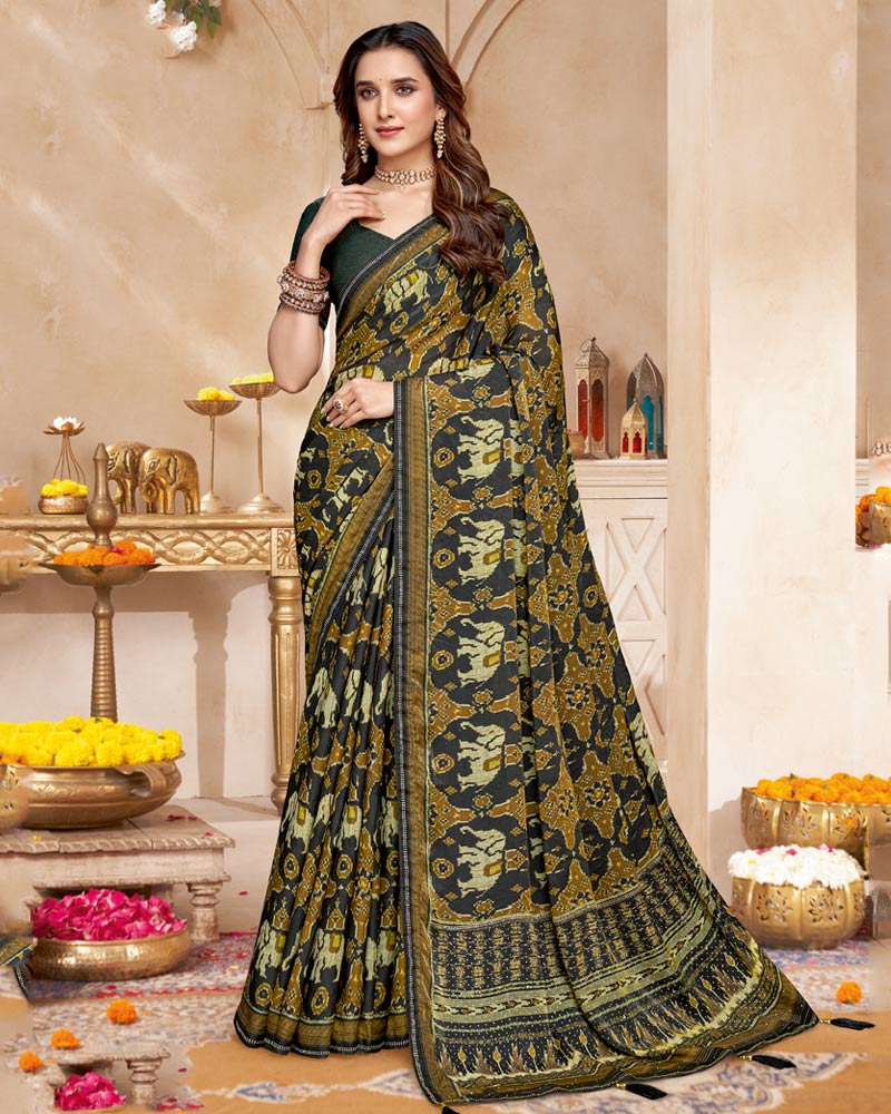 Vishal Prints French Brown And Charcoal Black Fancy Satin Traditional Patola Print Saree With Diamond Work-Core Piping And Tassel