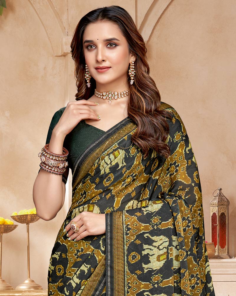 Vishal Prints French Brown And Charcoal Black Fancy Satin Traditional Patola Print Saree With Diamond Work-Core Piping And Tassel