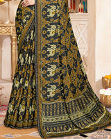 Vishal Prints French Brown And Charcoal Black Fancy Satin Traditional Patola Print Saree With Diamond Work-Core Piping And Tassel