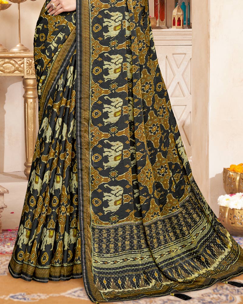 Vishal Prints French Brown And Charcoal Black Fancy Satin Traditional Patola Print Saree With Diamond Work-Core Piping And Tassel