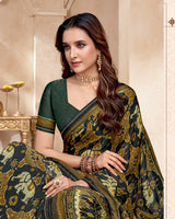 Vishal Prints French Brown And Charcoal Black Fancy Satin Traditional Patola Print Saree With Diamond Work-Core Piping And Tassel