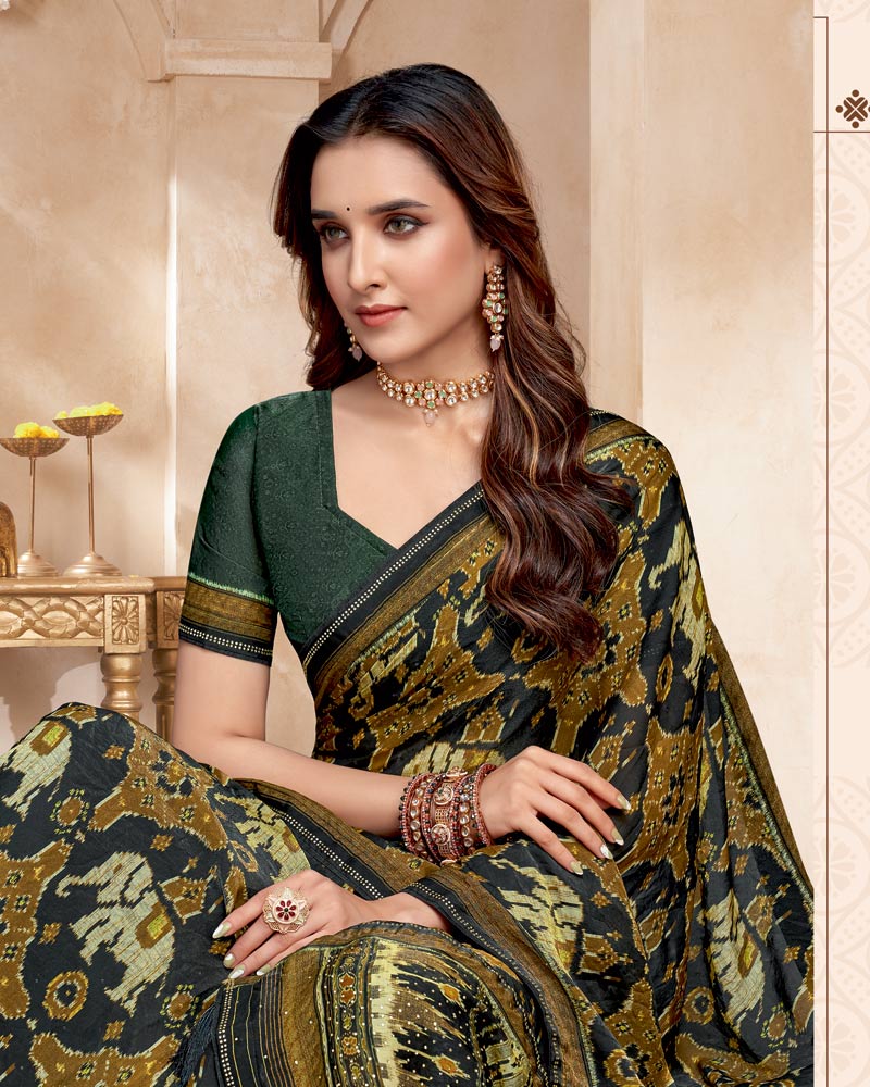 Vishal Prints French Brown And Charcoal Black Fancy Satin Traditional Patola Print Saree With Diamond Work-Core Piping And Tassel