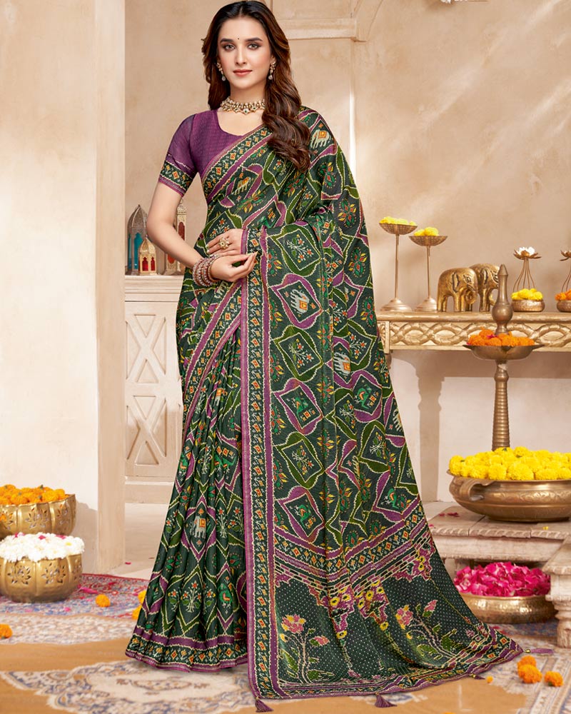 Vishal Prints Lunar Green And Dark Mauve Fancy Satin Traditional Patola Print Saree With Diamond Work-Core Piping And Tassel