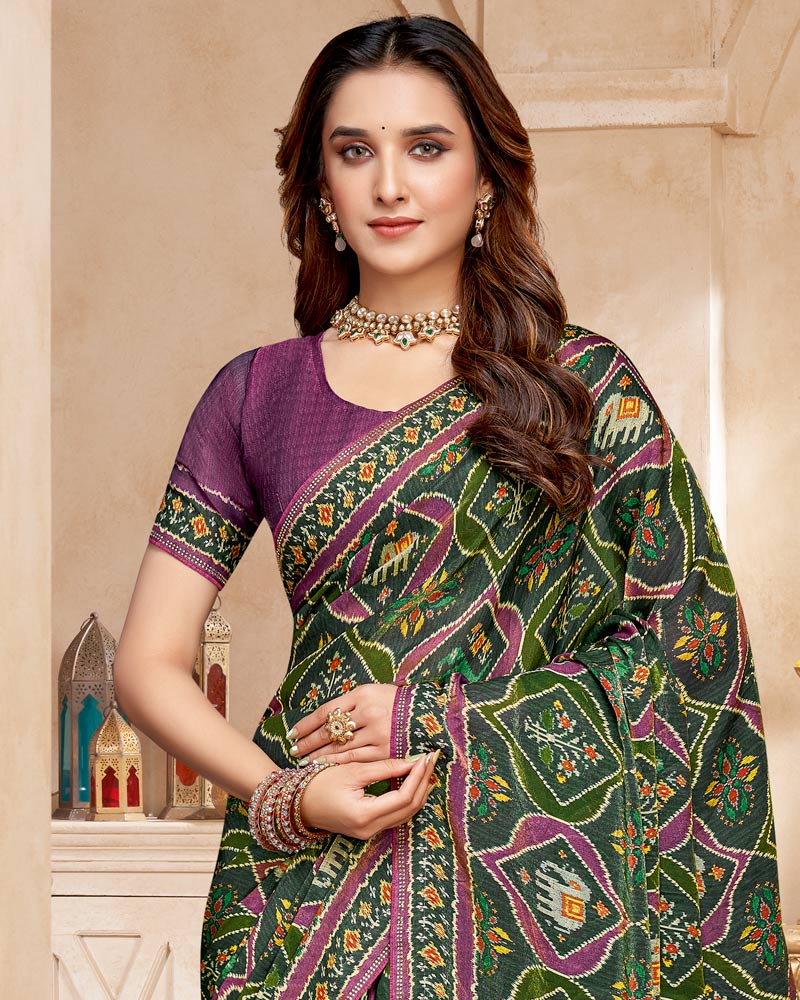 Vishal Prints Lunar Green And Dark Mauve Fancy Satin Traditional Patola Print Saree With Diamond Work-Core Piping And Tassel