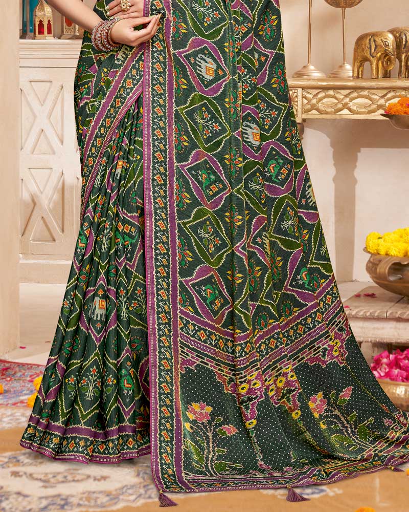 Vishal Prints Lunar Green And Dark Mauve Fancy Satin Traditional Patola Print Saree With Diamond Work-Core Piping And Tassel