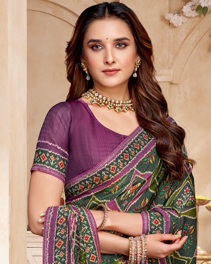 Vishal Prints Lunar Green And Dark Mauve Fancy Satin Traditional Patola Print Saree With Diamond Work-Core Piping And Tassel