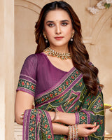 Vishal Prints Lunar Green And Dark Mauve Fancy Satin Traditional Patola Print Saree With Diamond Work-Core Piping And Tassel