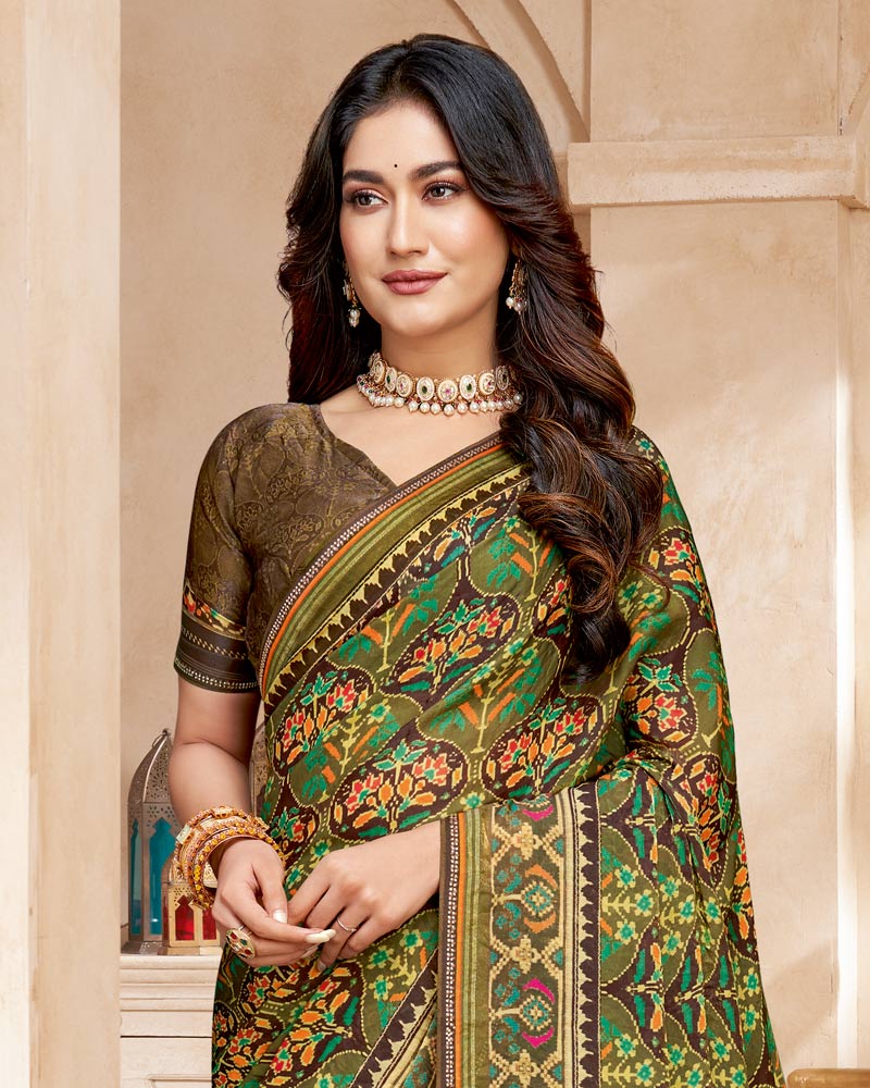 Vishal Prints Mocha Brown And Muddy Green Fancy Satin Traditional Patola Print Saree With Diamond Work-Core Piping And Tassel