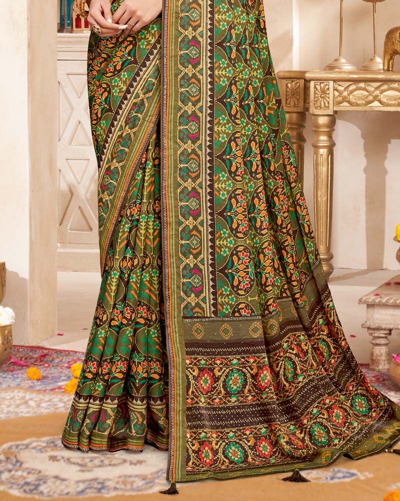 Vishal Prints Mocha Brown And Muddy Green Fancy Satin Traditional Patola Print Saree With Diamond Work-Core Piping And Tassel