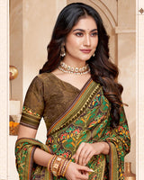 Vishal Prints Mocha Brown And Muddy Green Fancy Satin Traditional Patola Print Saree With Diamond Work-Core Piping And Tassel