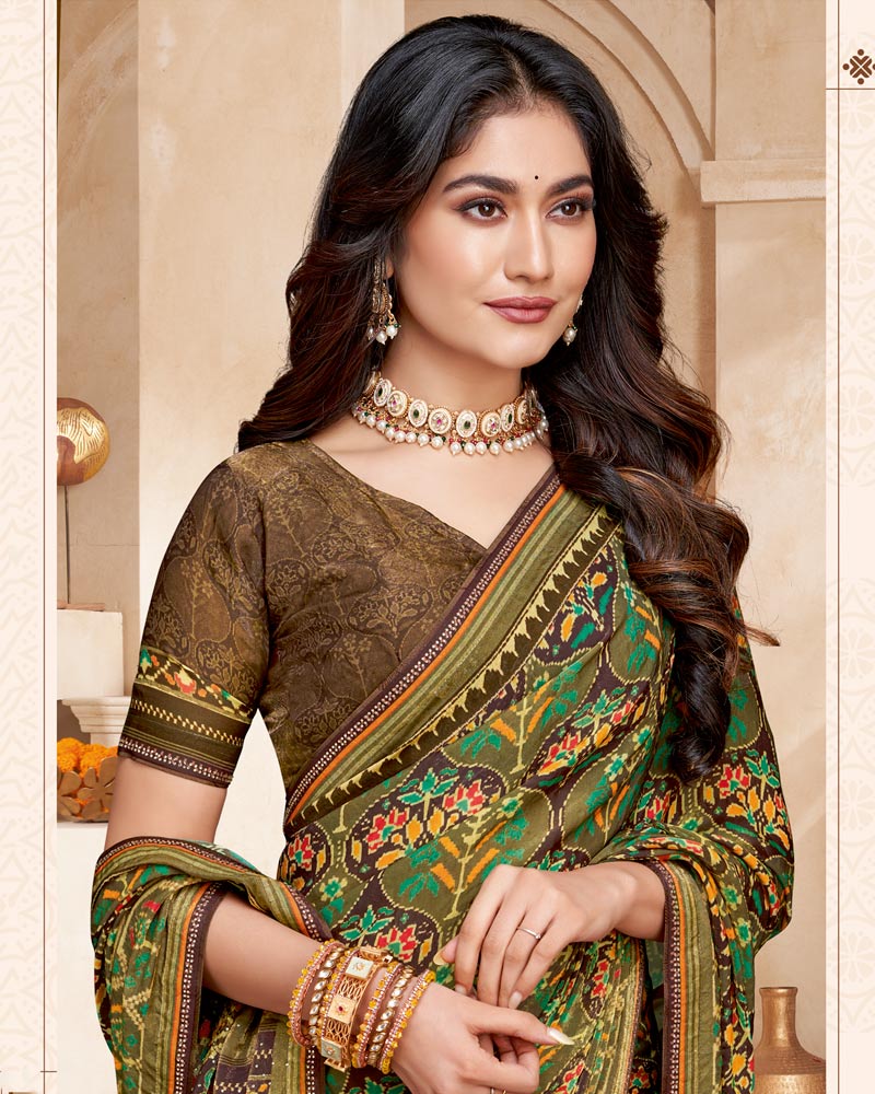 Vishal Prints Mocha Brown And Muddy Green Fancy Satin Traditional Patola Print Saree With Diamond Work-Core Piping And Tassel