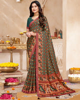 Vishal Prints Dark Green And Coral Red Fancy Satin Traditional Patola Print Saree With Diamond Work-Core Piping And Tassel