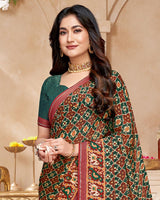 Vishal Prints Dark Green And Coral Red Fancy Satin Traditional Patola Print Saree With Diamond Work-Core Piping And Tassel