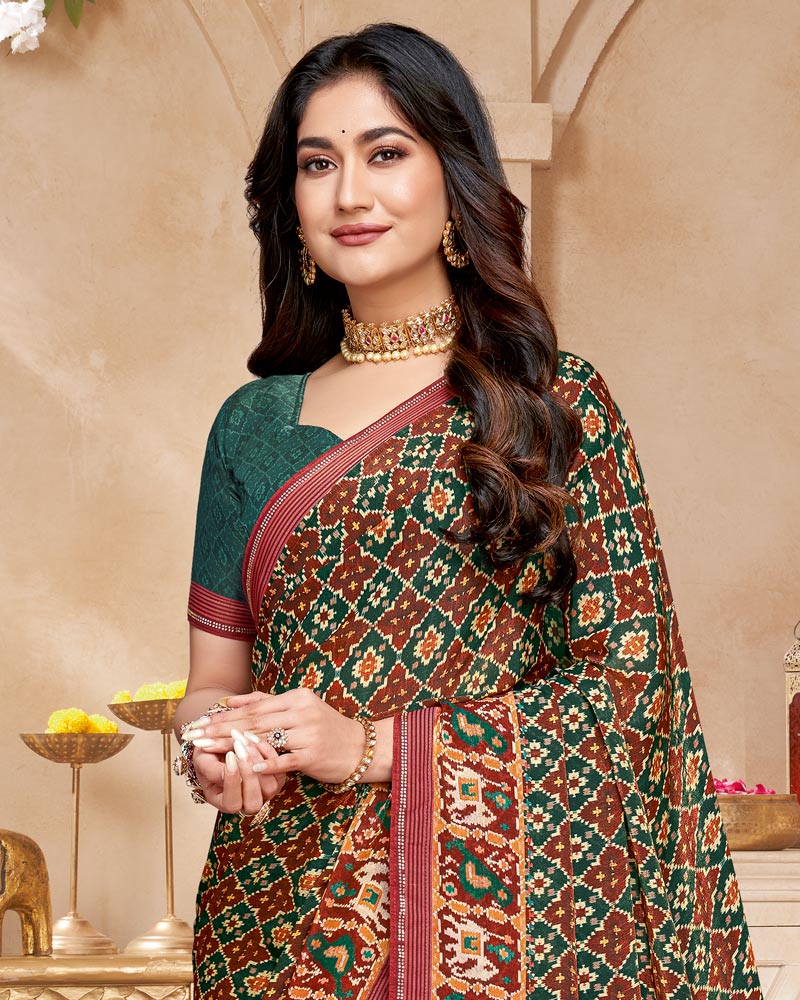 Vishal Prints Dark Green And Coral Red Fancy Satin Traditional Patola Print Saree With Diamond Work-Core Piping And Tassel