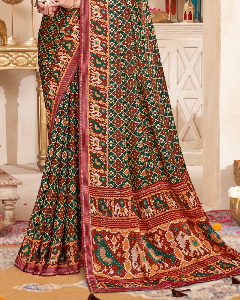 Vishal Prints Dark Green And Coral Red Fancy Satin Traditional Patola Print Saree With Diamond Work-Core Piping And Tassel