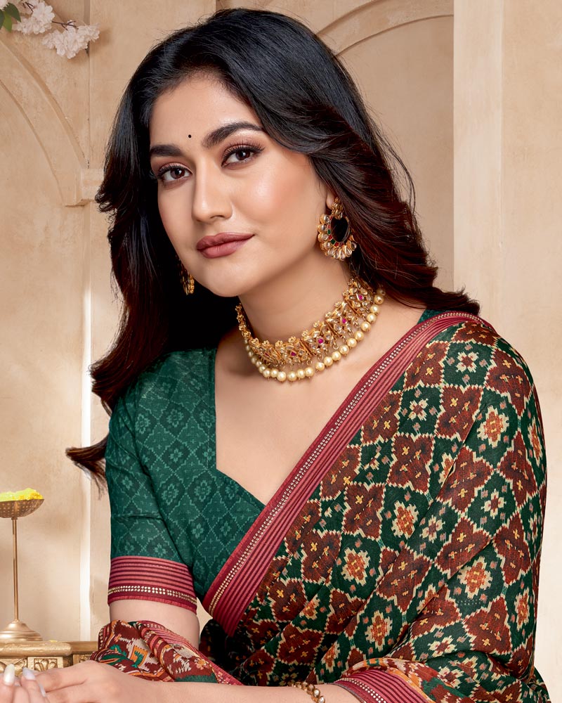 Vishal Prints Dark Green And Coral Red Fancy Satin Traditional Patola Print Saree With Diamond Work-Core Piping And Tassel