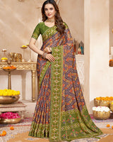 Vishal Prints Brownish Green And Old Mauve Fancy Satin Traditional Patola Print Saree With Diamond Work-Core Piping And Tassel