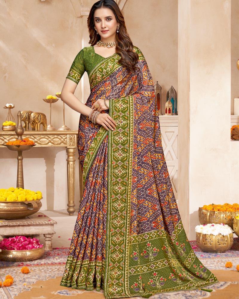 Vishal Prints Brownish Green And Old Mauve Fancy Satin Traditional Patola Print Saree With Diamond Work-Core Piping And Tassel