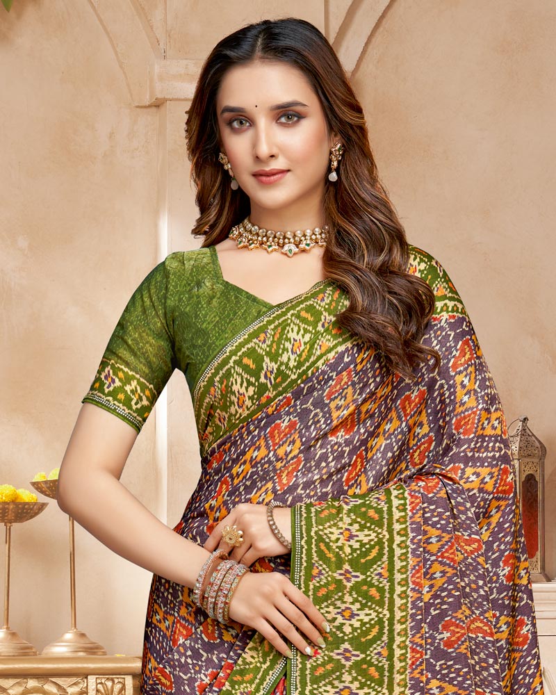 Vishal Prints Brownish Green And Old Mauve Fancy Satin Traditional Patola Print Saree With Diamond Work-Core Piping And Tassel