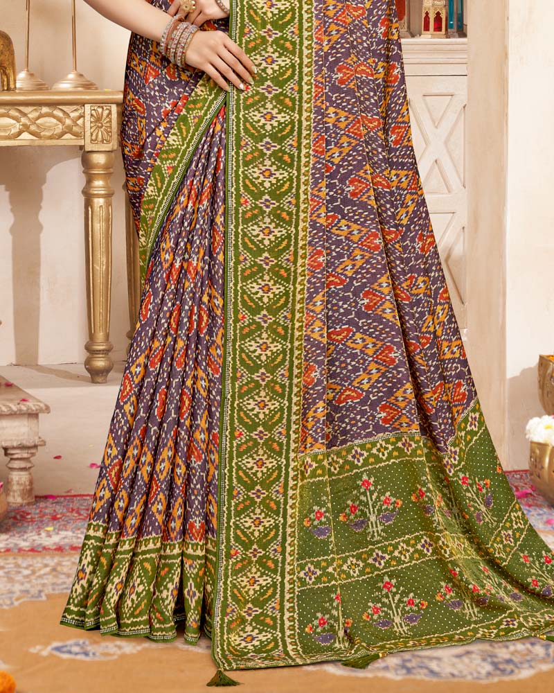 Vishal Prints Brownish Green And Old Mauve Fancy Satin Traditional Patola Print Saree With Diamond Work-Core Piping And Tassel