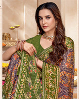 Vishal Prints Brownish Green And Old Mauve Fancy Satin Traditional Patola Print Saree With Diamond Work-Core Piping And Tassel