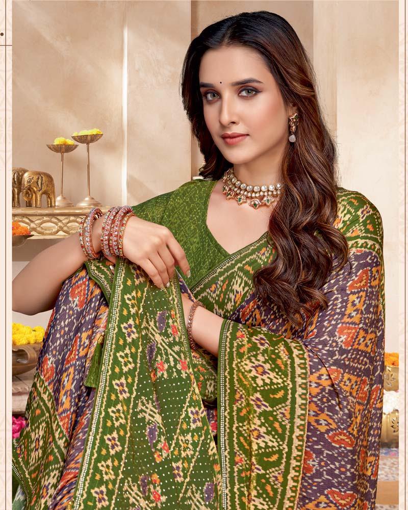 Vishal Prints Brownish Green And Old Mauve Fancy Satin Traditional Patola Print Saree With Diamond Work-Core Piping And Tassel