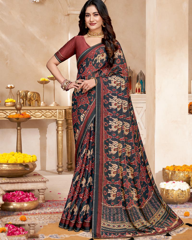 Vishal Prints Dark Charcoal Grey And Rose Taupe Fancy Satin Traditional Patola Print Saree With Diamond Work-Core Piping And Tassel