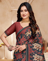 Vishal Prints Dark Charcoal Grey And Rose Taupe Fancy Satin Traditional Patola Print Saree With Diamond Work-Core Piping And Tassel