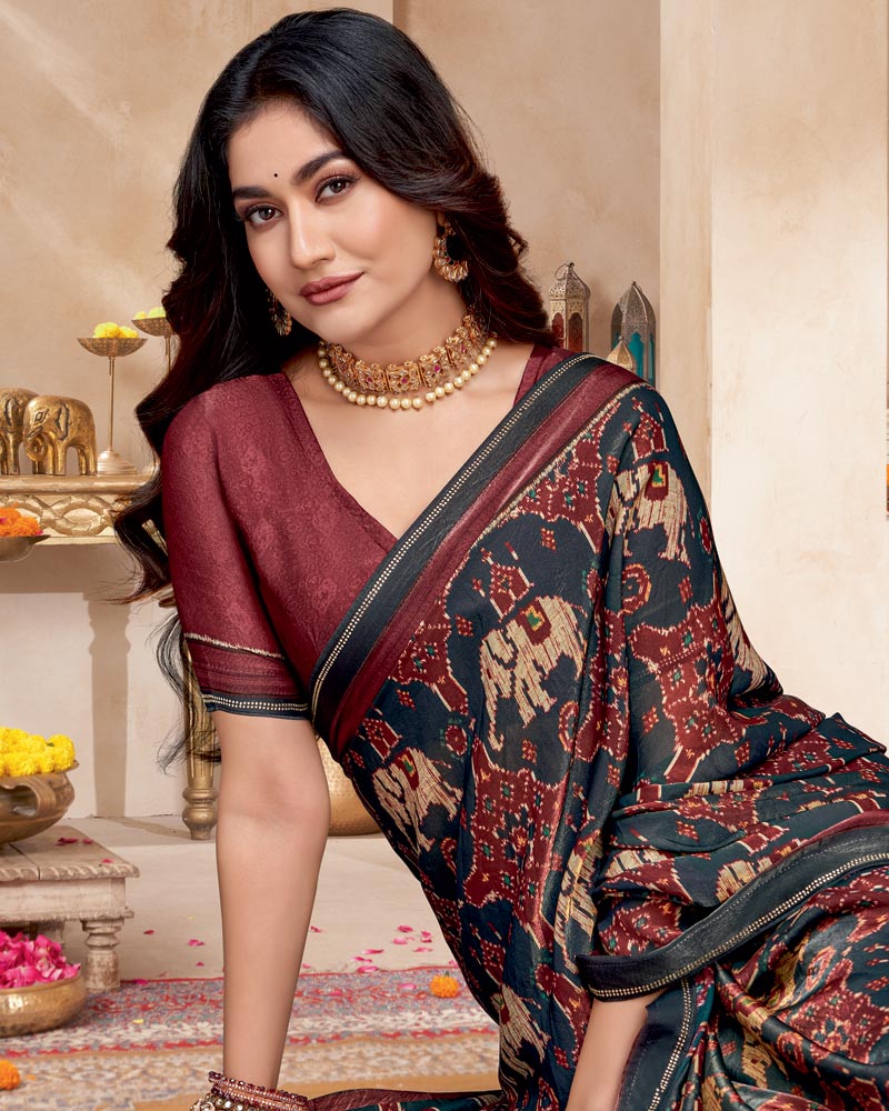 Vishal Prints Dark Charcoal Grey And Rose Taupe Fancy Satin Traditional Patola Print Saree With Diamond Work-Core Piping And Tassel
