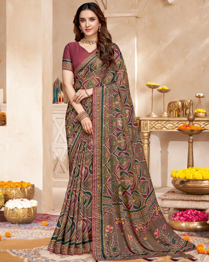 Vishal Prints Coffee Brown And Coral Red Fancy Satin Traditional Patola Print Saree With Diamond Work-Core Piping And Tassel