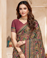 Vishal Prints Coffee Brown And Coral Red Fancy Satin Traditional Patola Print Saree With Diamond Work-Core Piping And Tassel