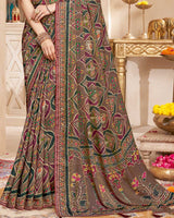 Vishal Prints Coffee Brown And Coral Red Fancy Satin Traditional Patola Print Saree With Diamond Work-Core Piping And Tassel