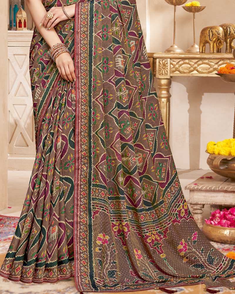 Vishal Prints Coffee Brown And Coral Red Fancy Satin Traditional Patola Print Saree With Diamond Work-Core Piping And Tassel