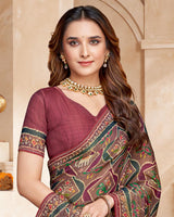 Vishal Prints Coffee Brown And Coral Red Fancy Satin Traditional Patola Print Saree With Diamond Work-Core Piping And Tassel