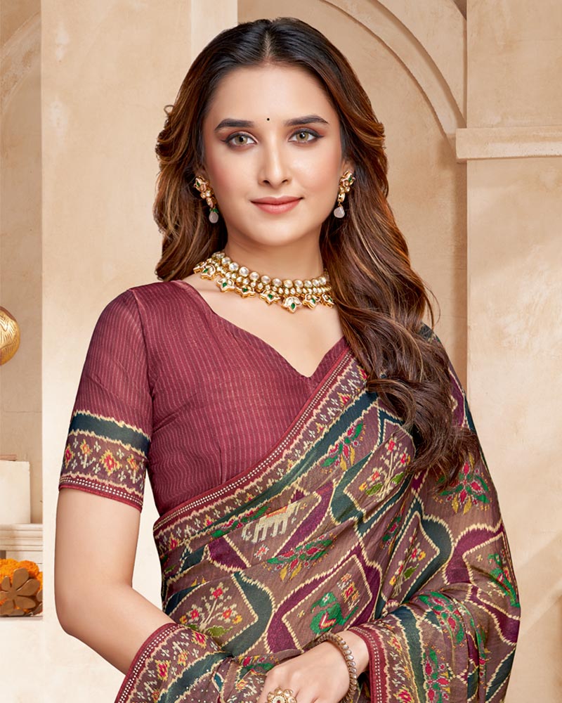 Vishal Prints Coffee Brown And Coral Red Fancy Satin Traditional Patola Print Saree With Diamond Work-Core Piping And Tassel