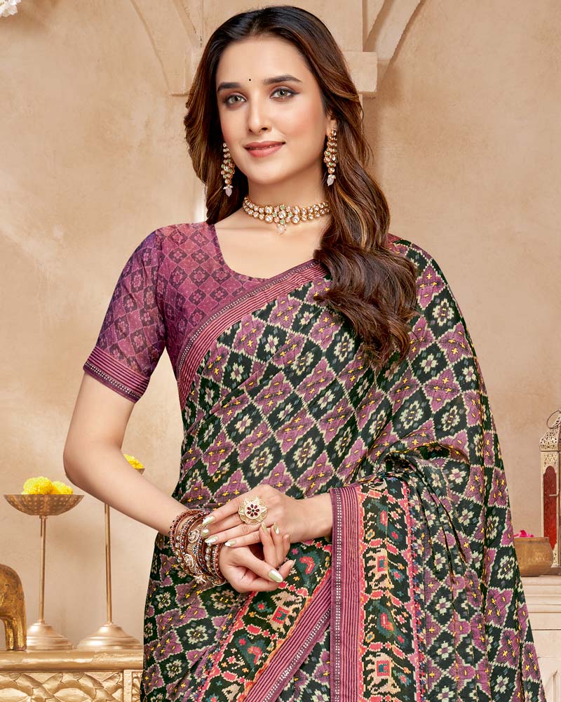 Vishal Prints Lunar Green And Brownish Pink Fancy Satin Traditional Patola Print Saree With Diamond Work-Core Piping And Tassel