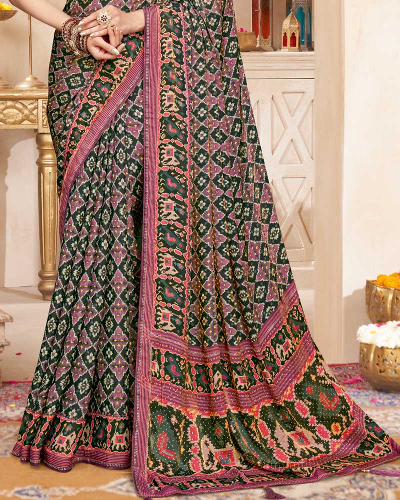 Vishal Prints Lunar Green And Brownish Pink Fancy Satin Traditional Patola Print Saree With Diamond Work-Core Piping And Tassel