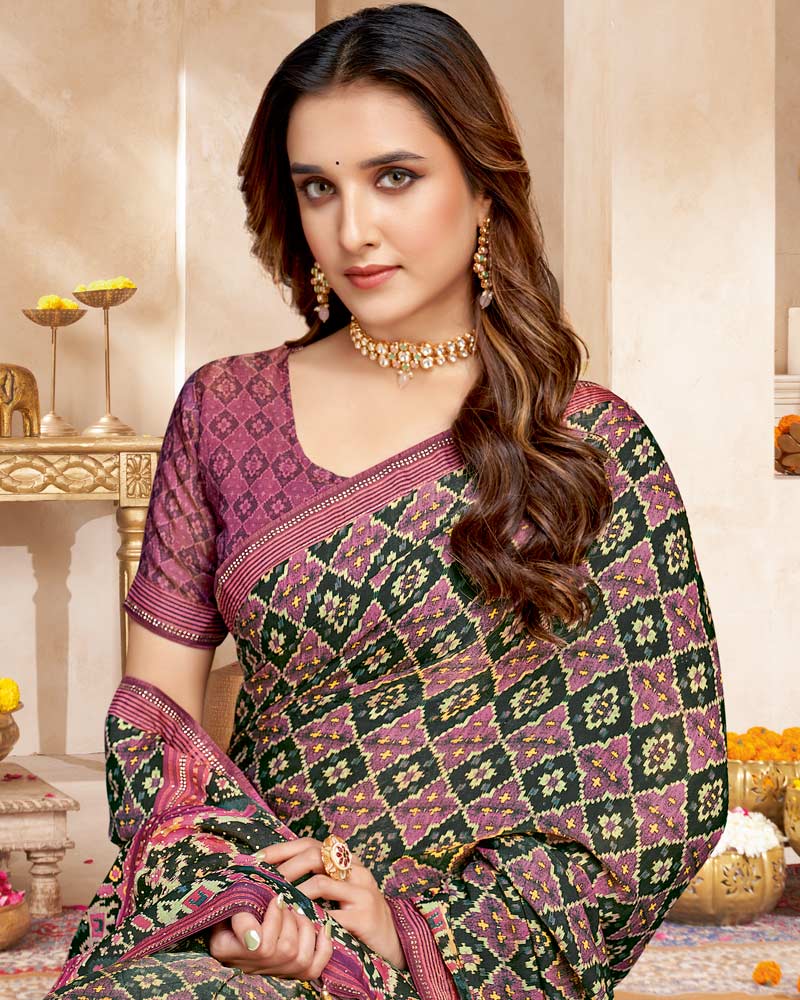 Vishal Prints Lunar Green And Brownish Pink Fancy Satin Traditional Patola Print Saree With Diamond Work-Core Piping And Tassel