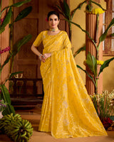 Tulip Yellow Designer Crushed Tissue Saree With Embroidery-Diamond Work And Cut Work Border