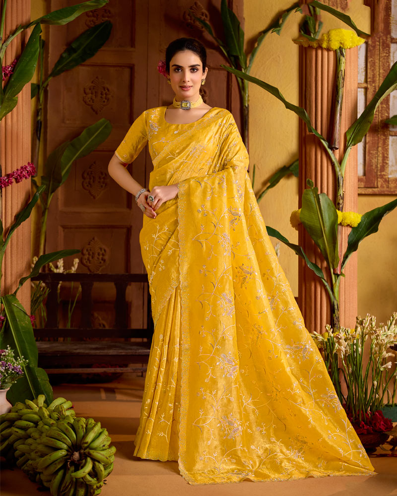 Tulip Yellow Designer Crushed Tissue Saree With Embroidery-Diamond Work And Cut Work Border
