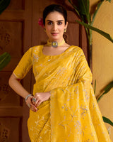 Tulip Yellow Designer Crushed Tissue Saree With Embroidery-Diamond Work And Cut Work Border