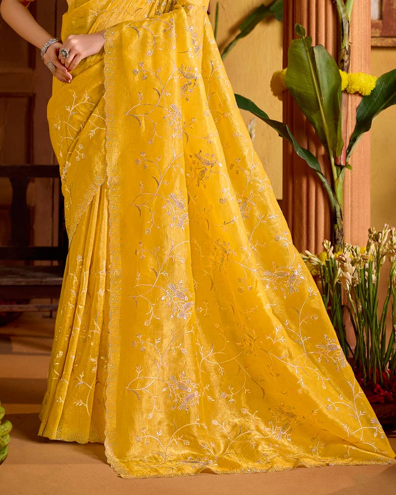 Tulip Yellow Designer Crushed Tissue Saree With Embroidery-Diamond Work And Cut Work Border