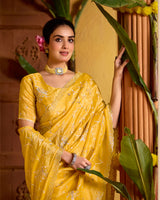 Tulip Yellow Designer Crushed Tissue Saree With Embroidery-Diamond Work And Cut Work Border