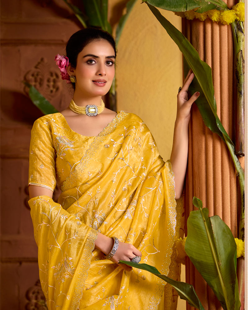 Tulip Yellow Designer Crushed Tissue Saree With Embroidery-Diamond Work And Cut Work Border